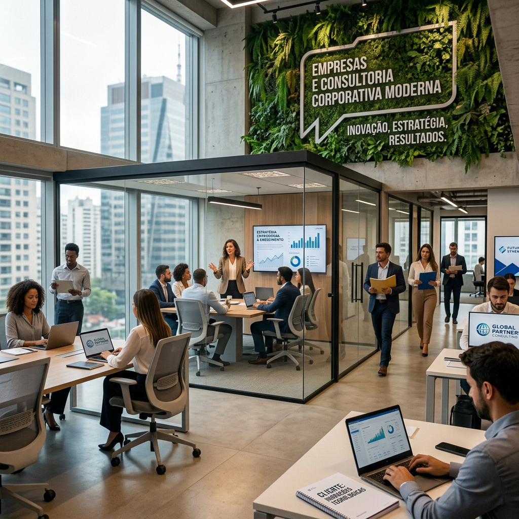 Professionals in a modern office collaborating in a glass meeting room and working at desks