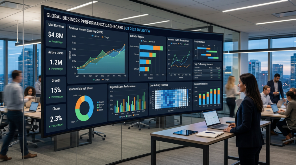Digital business dashboard showing revenue, user data, sales by region, market share, and project status with a woman working at a laptop nearby