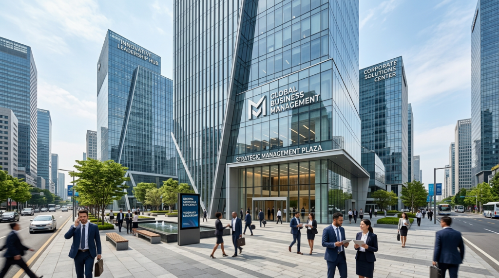 People in business attire walking and talking in front of modern glass office buildings